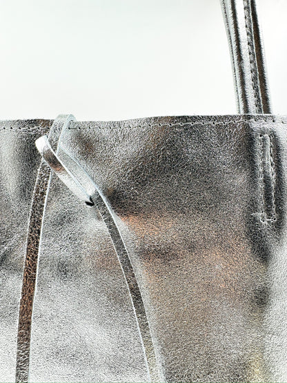 Tote Colomba Cuero Metalizado Plateado