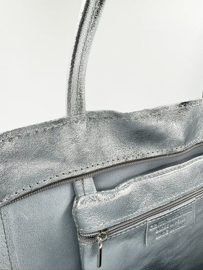 Tote Colomba Cuero Metalizado Plateado